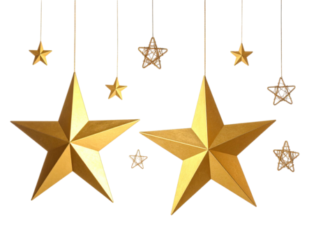 Golden star ornaments of different sizes hanging against a pure black background