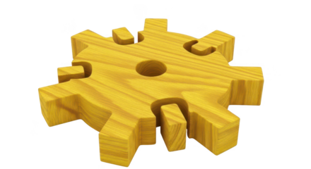 Wooden interlocking puzzle gear isolated on transparent background