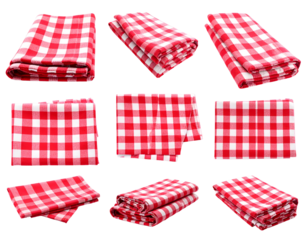 Collection of red and white checkered cloth napkins, folded and unfolded, various angles