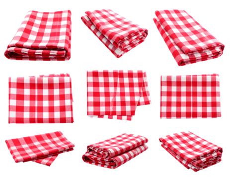 Collection of red and white checkered cloth napkins, folded and unfolded, various angles