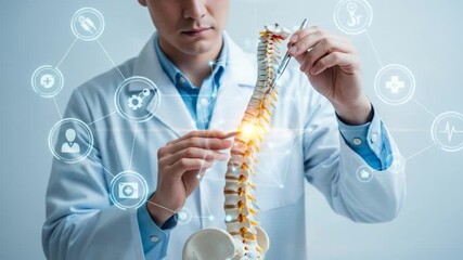 Doctor examining spine model with digital interface for orthopedic diagnosis and treatment planning - Powered by Adobe