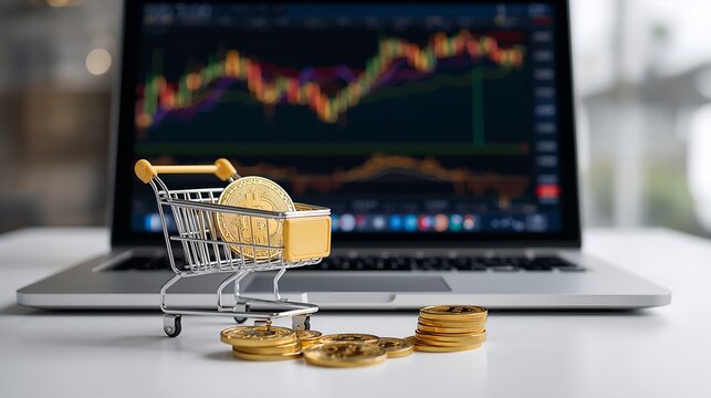 Bitcoin concept in a shopping cart with the laptop background shows stock charts