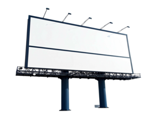 Large roadside billboard on a dark background, blank advertising space, and lighting fixtures