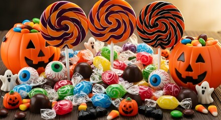 Halloween Sweets Lollipops Treats Candies Pumpkins Ghosts Holiday Colorful Arrangement