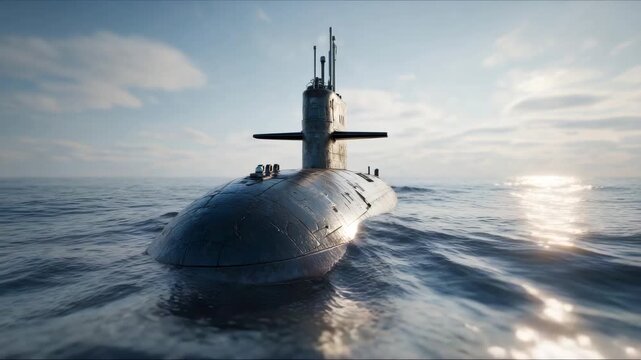 Submarine emerges from the depths during a clear day at sea, showcasing advanced design and technology with sunlight reflecting off the water&rsquo;s surface