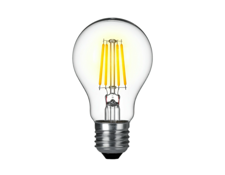 A clear glass bulb with an internal filament and a metallic base sits against a black background