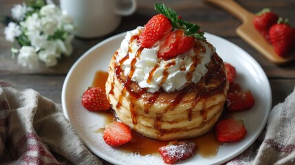 Pancake stack with whipped cream, syrup drizzle, and strawberries, overhead cozy brunch layout
