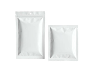 Two blank, white, sealed packaging pouches on a solid black background, different shapes