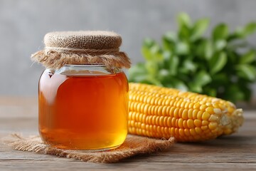 Fresh Organic Honey in Glass Jar Next to Corn Kernels on Tabletop