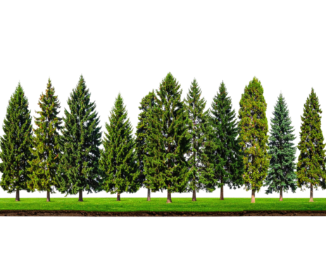 A row of green fir trees stand on a grassy knoll with soil beneath them, against black