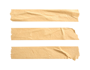 Three horizontal strips of beige paper tape with torn edges, against a black background