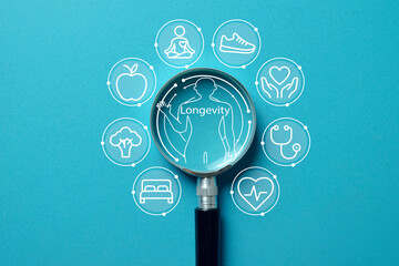 Longevity and holistic wellness concept. A magnifying glass focuses on the human body, surrounded by icons for a healthy lifestyle, including a balanced diet, exercise, sleep, and mental health.