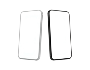 Two vertically oriented smartphones with blank, bright screens and contrasting frames on a black background