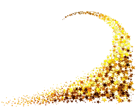 Gold-colored trail, composed of stars, curving from bottom-left to top-right, black background