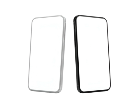 Two vertically oriented smartphones with blank, bright screens and contrasting frames on a black background