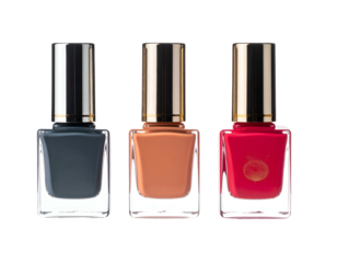 Three rectangular nail polish bottles with golden caps featuring different solid colors