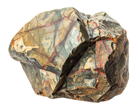 A roughly textured rock with intricate veins of color and a fractured surface