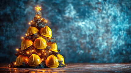 Christmas tree made of yellow construction helmets with glowing star and lights, celebrating Christmas in the construction industry, with a festive atmosphere and bokeh effect in a dark background