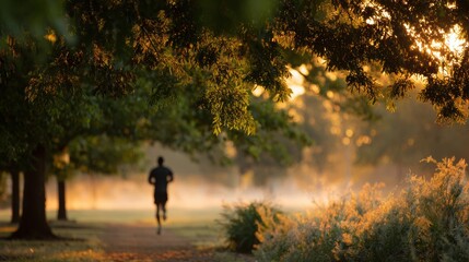 Fototapeta premium Serene Morning Jog: Man Slowly Jogging in Park at Sunrise, Embracing Calmness and Focus on Breathing in Golden Light and Mist