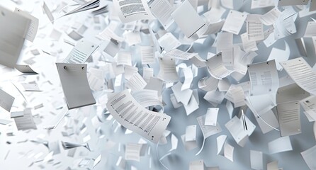 Documents flying up in office space, paperwork for chaos or stress concepts