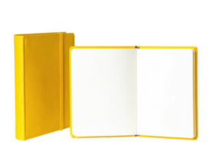 Two yellow blank books, one closed, and one open with a visible white double-page spread
