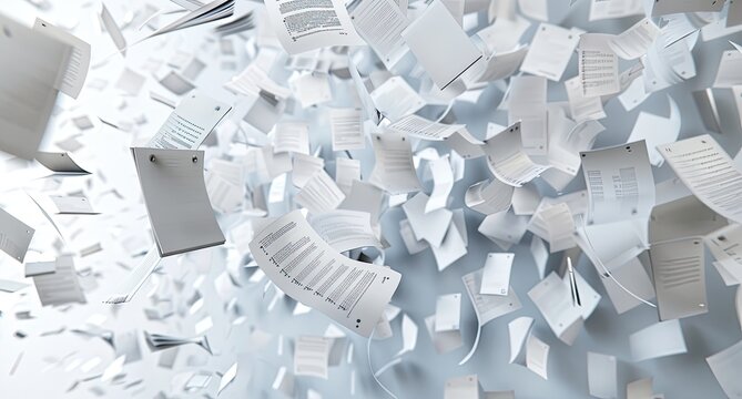 Documents flying up in office space, paperwork for chaos or stress concepts