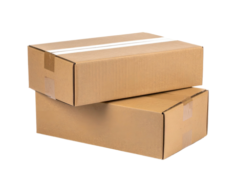 Two stacked rectangular cardboard boxes, one atop the other. Isolated on black backdrop