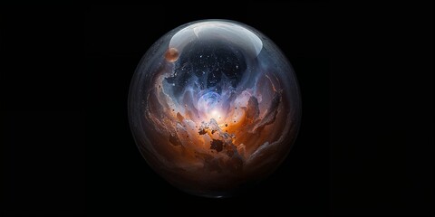 Vibrant Cosmic Nebula Contained Within a Glimmering Glass Sphere Against a Deep Black Background, Symbolizing a Miniature Universe