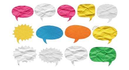speech bubbles cut out of crumpled paper elements set. Dotted modern retro urban magazine style pop art dialogue balloons. Social media clip art