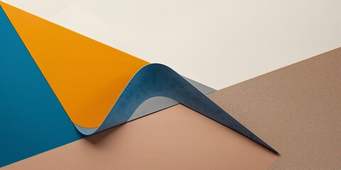 Dynamic geometric abstract composition featuring folded layers of vibrant orange and blue paper against contrasting beige and earthy brown backgrounds.