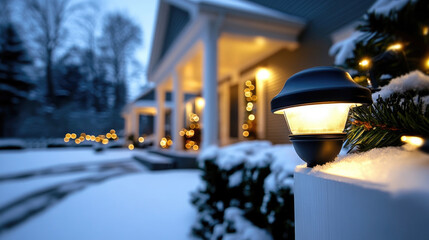 Glowing Christmas lights illuminating snow-covered suburban front yard, radiating festive warmth against dark winter nightscape, evoking holiday cheer and neighborhood spirit