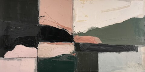 Richly textured abstract oil painting showcasing thick impasto strokes in a modern color palette of deep greens, dusky pinks, and creamy whites.