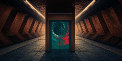 Mysterious closed portal revealing a vibrant red and green abstract swirling vortex in a dark, atmospheric subway tunnel.
