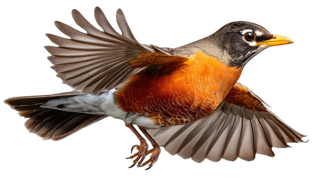 Soaring Freedom: A robin takes flight, its wings outstretched in a moment of pure freedom, revealing a vibrant display of its natural beauty. 