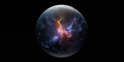 Luminous Cosmic Nebula Emitting Vibrant Orange and Blue Light, Encased Within a Moon-Like Sphere Adorned with Craters on Black