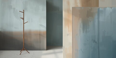 Serene Minimalist Interior Corner with Rustic Coat Rack Against Textured Blue-Grey and Beige Abstract Walls
