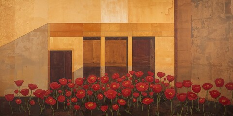 Stylized Red Poppies Flourish Against a Textured Ochre Wall with Geometric Panels and Deep Shadows, Blending Nature with Abstract Architecture.