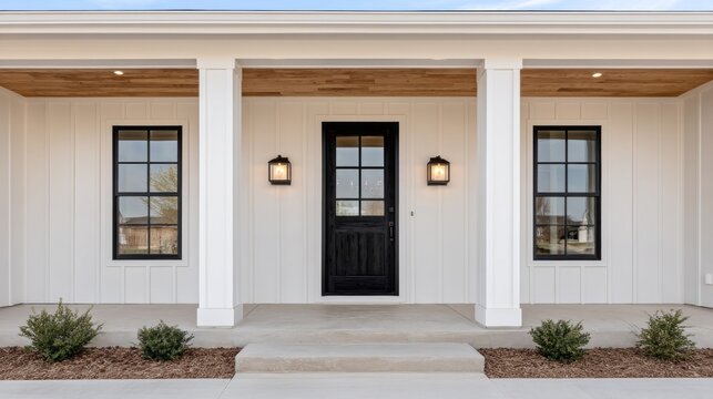 The facade showcases a contemporary farmhouse design highlighted by a striking black front door. Flanking the door are elegant light fixtures and well-groomed plants that enhance the inviting entry