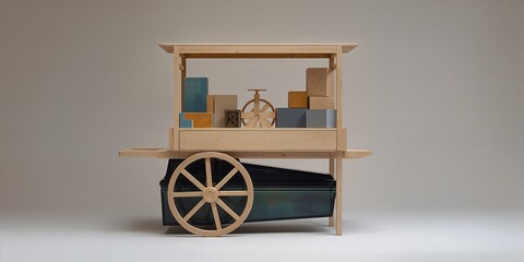 Minimalist wooden display cart with a black base and prominent spoked wheels, carefully exhibiting abstract block models on a clean, light studio background.