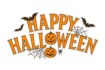 Happy Halloween – Pumpkin Typography with Bats, Spiderwebs, and Spider, Festive Orange Text, Scary Holiday Celebration, Vector Illustration