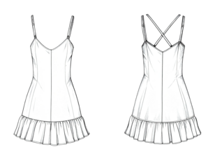 Front and back view drawings of a white, short, flowing dress with spaghetti straps and a ruffle hem