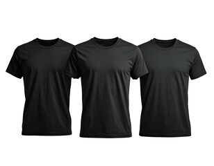 Three plain black t-shirts displayed, centered with slight shading and a dark background