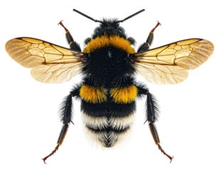 A detailed, top-down shot of a fuzzy, striped insect with translucent wings and six legs