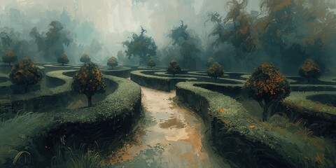 Painterly Digital Illustration of a Complex Hedge Maze with Scattered Trees and a Winding Central Path on a Cloudy Day