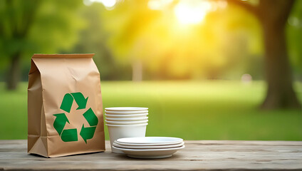 Eco-friendly paper tableware : biodegradable cups, plates, bags with recycle symbol on wooden table, copy space, sunny park - sustainable, environment, gathering event, eco-friendly food concept