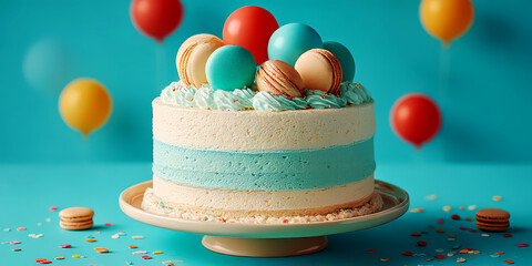 Colorful Macaron Layer Cake with Balloons and Confetti on Blue Background