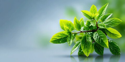 Vibrant Green Herb Leaves on a Reflective Surface and Soft Blue Background