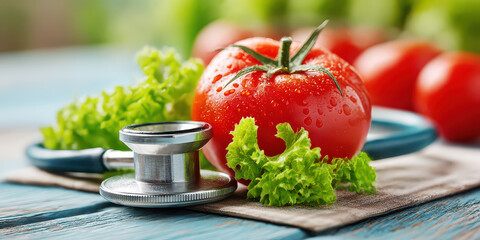 Fresh Ripe Tomato and Stethoscope on Rustic Wood for Healthy Eating Concept