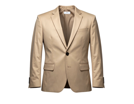 Studio shot of a tan-colored men's blazer, buttoned, with a notched lapel and pockets