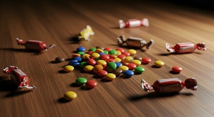Colorful Chocolate Candies and Wrapped Toffees on Wooden Background Dessert Still Life